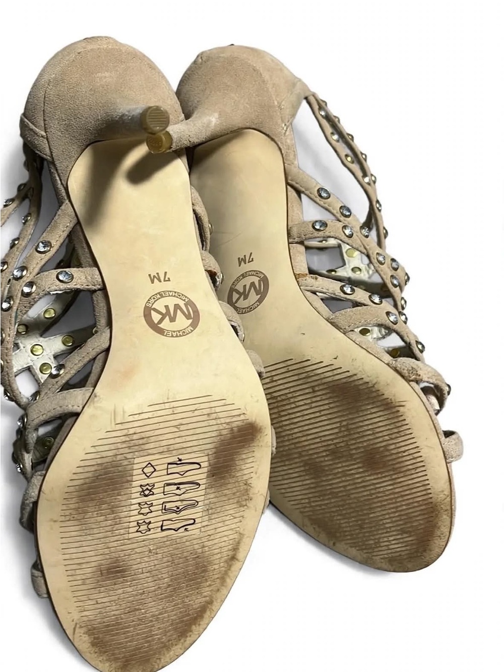 Michael Kors Gladiator Heels 7M Beige Suede Rhinestone Stiletto Sandals Back Zip - Picture 5 of 6